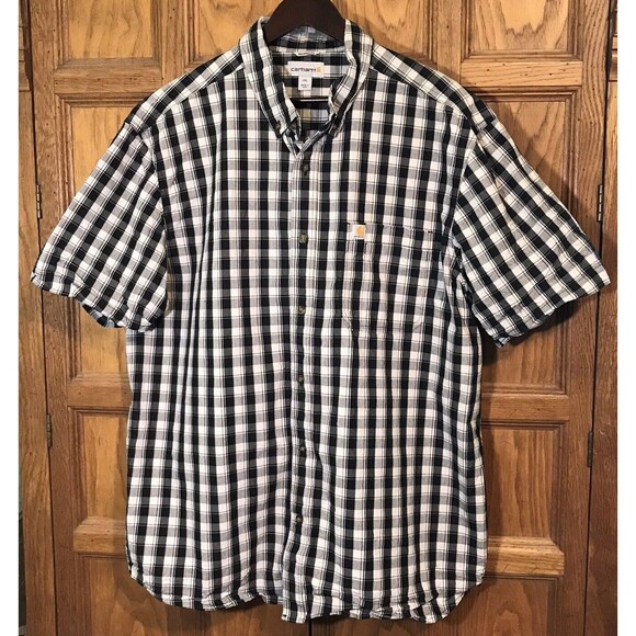 Carhartt Black Plaid Shirt Men's 2XL Button Down Short Sleeve Casual Work Shirt - Picture 2 of 13